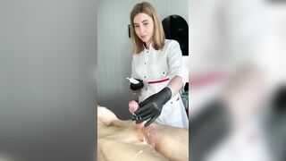 Man ejaculates at salon while getting his pubic hair removed by hot woman