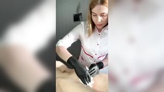 Man ejaculates at salon while getting his pubic hair removed by hot woman