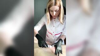 Man ejaculates at salon while getting his pubic hair removed by hot woman