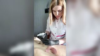 Man ejaculates at salon while getting his pubic hair removed by hot woman