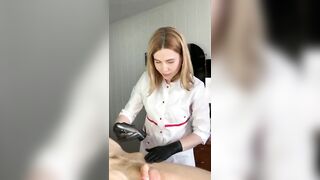 Man ejaculates at salon while getting his pubic hair removed by hot woman