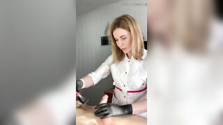 Man ejaculates at salon while getting his pubic hair removed by hot woman