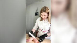 Man ejaculates at salon while getting his pubic hair removed by hot woman