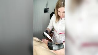 Man ejaculates at salon while getting his pubic hair removed by hot woman