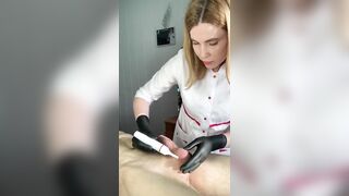 Man ejaculates at salon while getting his pubic hair removed by hot woman