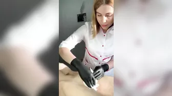 Man ejaculates at salon while getting his pubic hair removed by hot woman