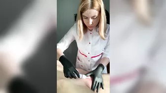 Man ejaculates at salon while getting his pubic hair removed by hot woman