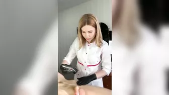 Man ejaculates at salon while getting his pubic hair removed by hot woman