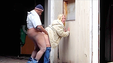 Cheap white prostitute fucked bareback by a fat black client in public