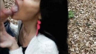 Woman filmed swallowing cock and sperm of young man outdoor