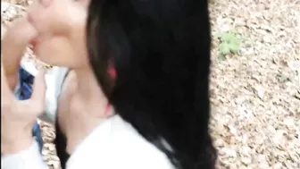 Woman filmed swallowing cock and sperm of young man outdoor