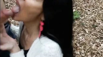 Woman filmed swallowing cock and sperm of young man outdoor