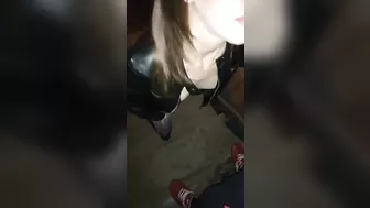 She gives head on the stairs in a dubious Russian block