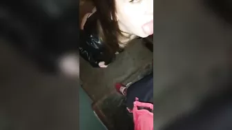 She gives head on the stairs in a dubious Russian block