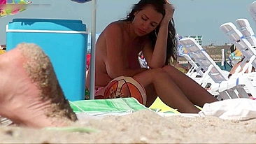 Sexy Tan-Lined Busty Brunette With Big Beach Boobs, Cute!
