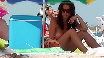 Sexy Tan-Lined Busty Brunette With Big Beach Boobs, Cute!
