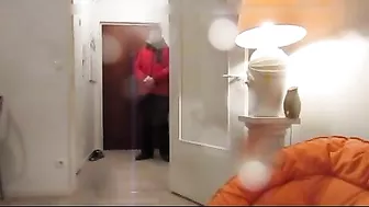 Woman playing a game and flashing nude to pizza guy