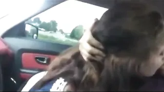 Voyeur lesbian couple licking and kissing in the car