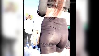 See through short spandex leggings show white thongs filmed on candid camera