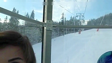 Horny girl secretly masturbating in the ski lift and filming