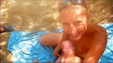 Slut blonde takes multiple cum in mouth from strangers at the beach