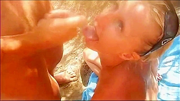 Slut blonde takes multiple cum in mouth from strangers at the beach