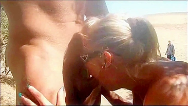 Slut blonde takes multiple cum in mouth from strangers at the beach