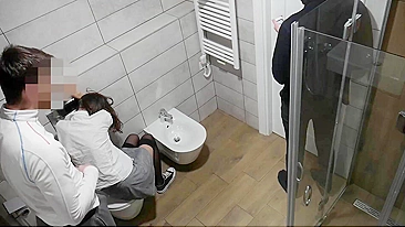 College threesome party amateur couple fucking in bathroom with friend present