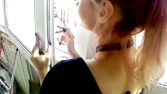 Dude fucking his sexy smoking girlfriend by the window in balcony