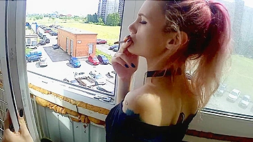 Dude fucking his sexy smoking girlfriend by the window in balcony