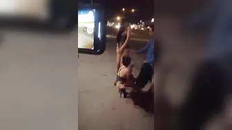 Guy receives blowjob from three women in public place on sidewalk