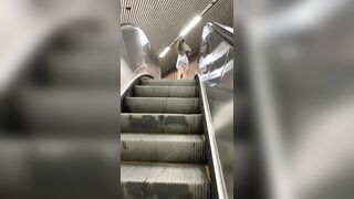 Girlfriend flashing pussy and ass on subway stairs