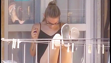 Caught spying on neighbor girl upskirt on the balcony