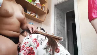 Lesbian woman fucking with a strap on her girlfriend in the kitchen Lesbian woman fucking with a strap on her girlfriend in the kitchen