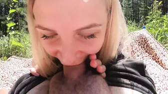 Beautiful blonde girlfriend sucks and fucks outdoor in the woods