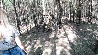 Beautiful blonde girlfriend sucks and fucks outdoor in the woods