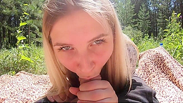 Beautiful blonde girlfriend sucks and fucks outdoor in the woods
