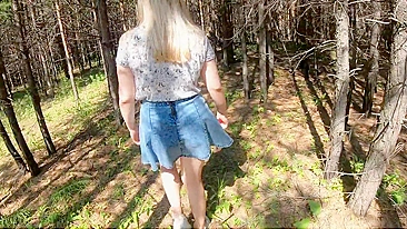 Beautiful blonde girlfriend sucks and fucks outdoor in the woods