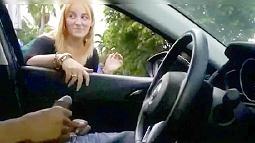 Black man flashing dick in car gets a free handjob from a blonde