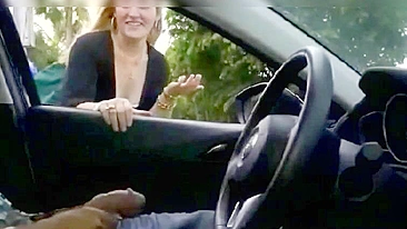 Black man flashing dick in car gets a free handjob from a blonde