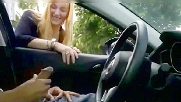 Black man flashing dick in car gets a free handjob from a blonde