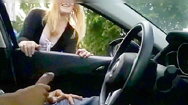 Black man flashing dick in car gets a free handjob from a blonde
