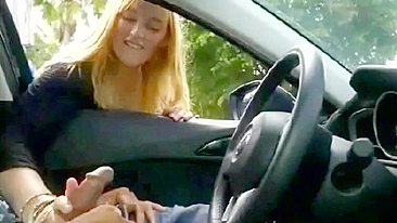 Black man flashing dick in car gets a free handjob from a blonde