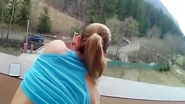 Amateur quick sex and blowjob on the balcony outdoor