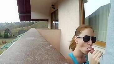Amateur quick sex and blowjob on the balcony outdoor
