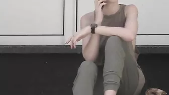 Exhibitionist blonde girl flashing her shaved pussy in public places