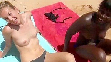 Hot Threesome, Fucking At The Beach, White And Black Girl Banging