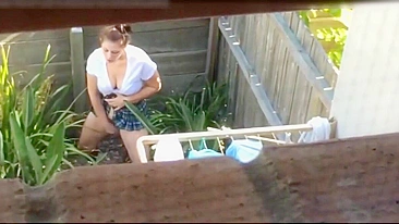 Shocked, The Voyeuristic Neighbor Spotted The Masturbating Woman In Plain View