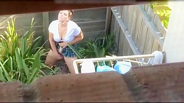 Shocked, The Voyeuristic Neighbor Spotted The Masturbating Woman In Plain View