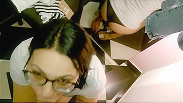 Oral porn and cum in mouth with girlfriend in public dressing cabin